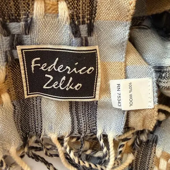 Federico Zelko 100% Wool Scarf in Geometric Pattern Blue Cream Brown Black 30x14 - Picture 3 of 3